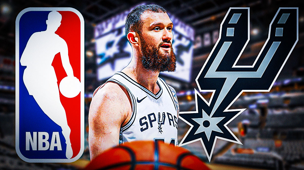 Sandro Mamukelashvili looking satisfied image, Spurs logo, NBA logo