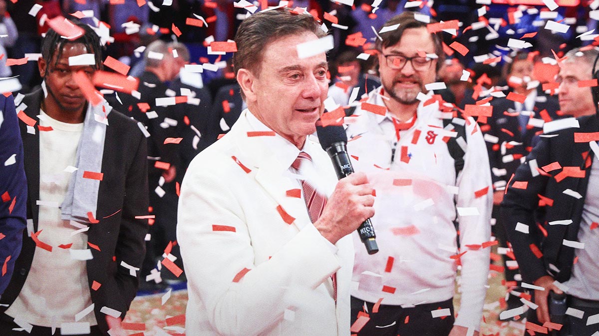 St. John's Red Storm head coach Rick Pitino addresses the fans after winning the Big East Regular Season Championship at Madison Square Garden.