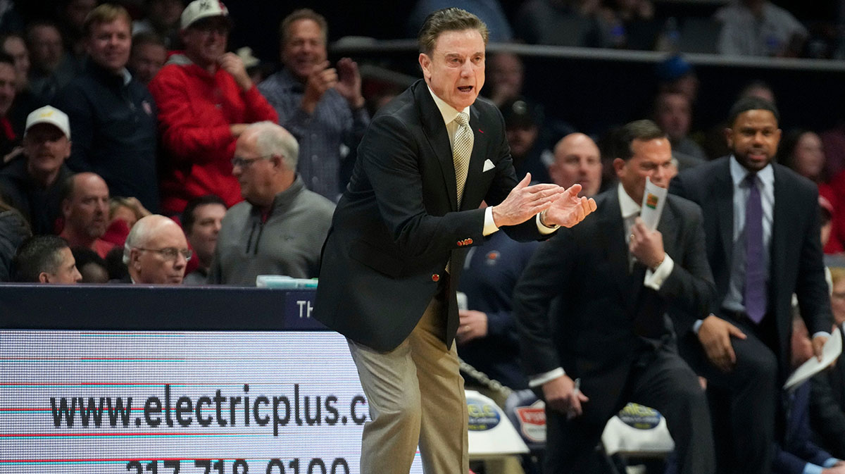 St. John's Red Storm head coach Rick Pitino yells to his team during the first half of a game against the Butler Bulldogs on Wednesday, Feb. 26, 2025, at Hinkle Fieldhouse in Indianapolis.
