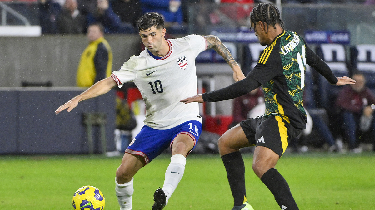 United States forward Christian Pulisic (10) controls the ball as Jamaica midfielder Joel Latibeaudiere (15) defends during the second half at CITYPark.