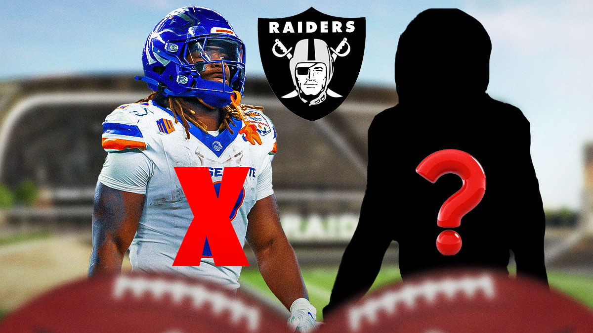 Ashton Jeanty with a big red X emoji over him. He is next to a silhouette of an American football player with a big question mark emoji inside. There is also a logo for the Las Vegas Raiders.