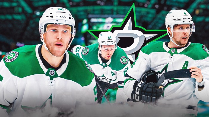 Mikko Rantanen, Roope Hintz, Miro Heiskanen in Stars uniforms with ice rink and Stars logo in background.