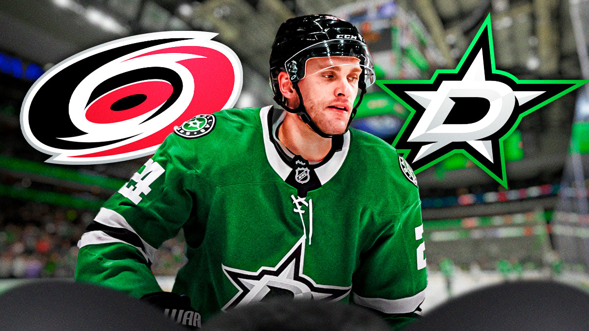Carolina Hurricanes star Mikko Rantanen jersey swapped into a Dallas Stars jersey. Hurricanes and Stars logos on either side of him. American Airlines Center as the background image.