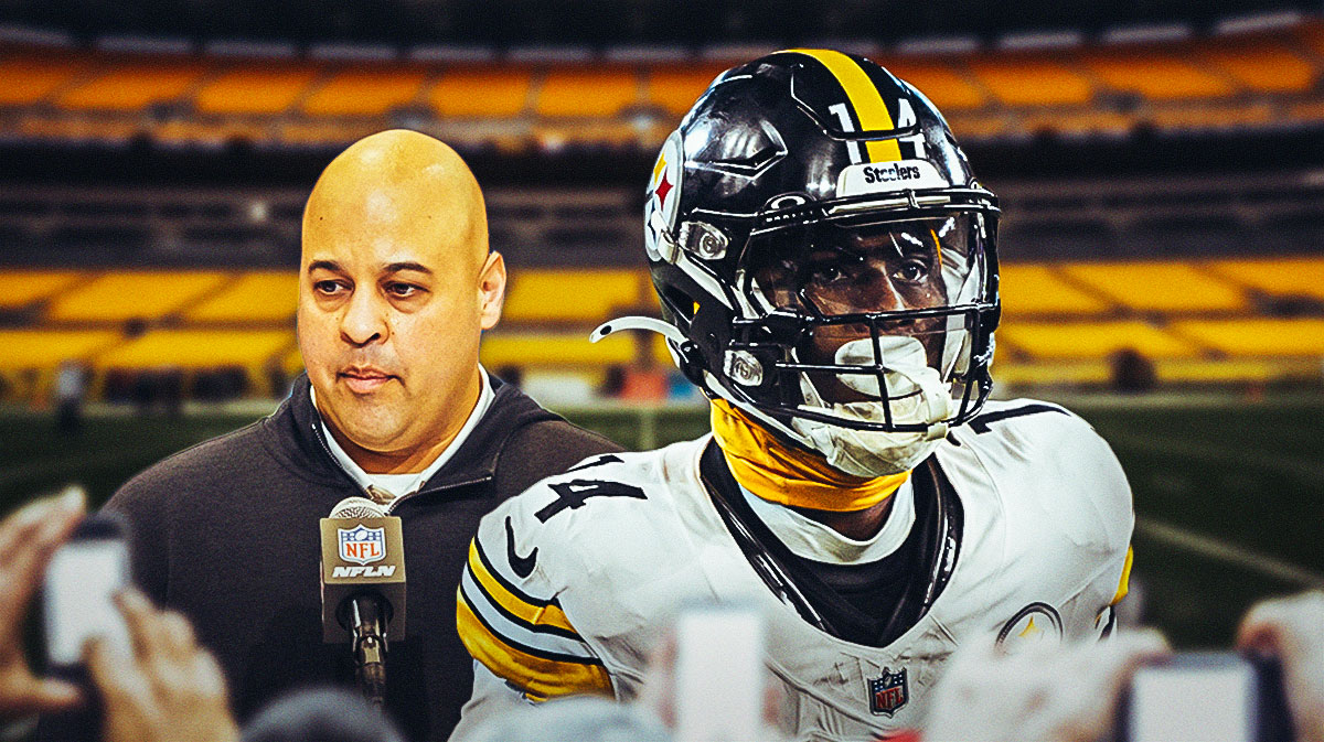 Steelers George Pickens with Steelers Omar Khan behind him
