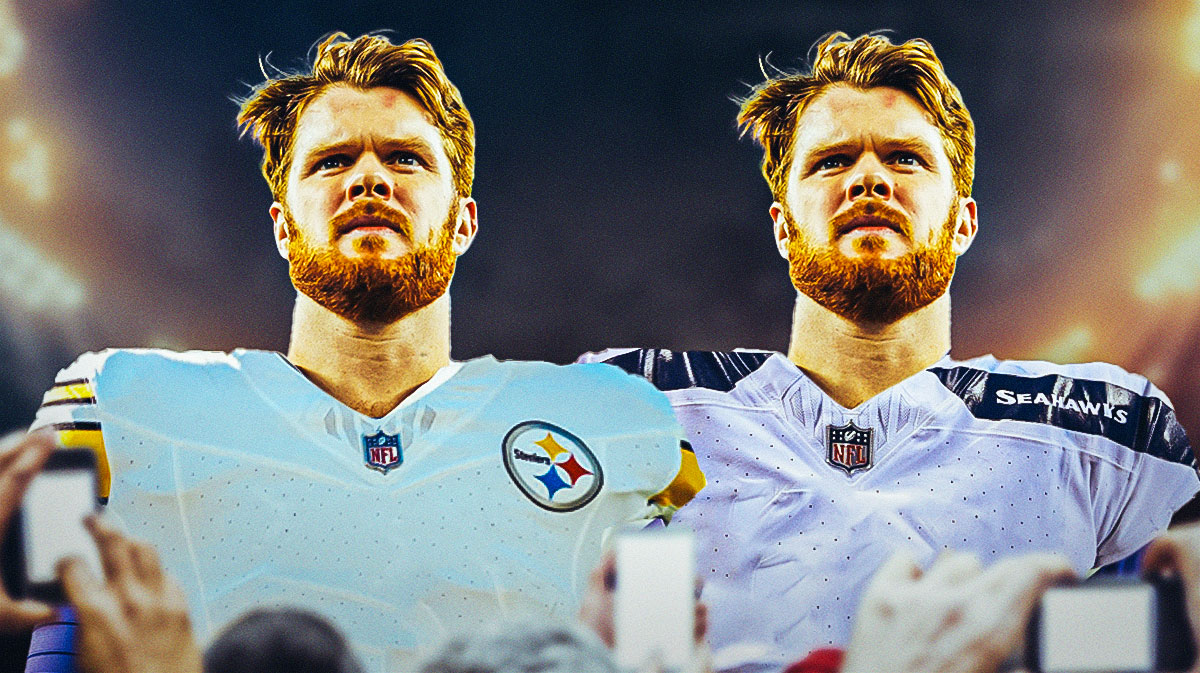 Sam Darnold in a Steelers jersey and a Seahawks jersey with question marks around the picture.