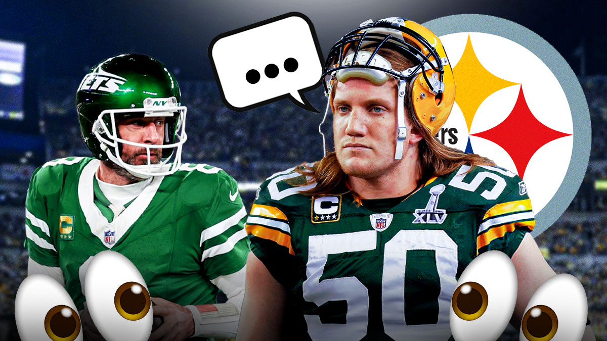 Steelers logo behind AJ Hawk in Packers uniform with speech bubble above his head while standing next to Aaron Rodgers, who the Steelers hosted on a visit. Multiple 👀 in background. Background is Acrisure Stadium.