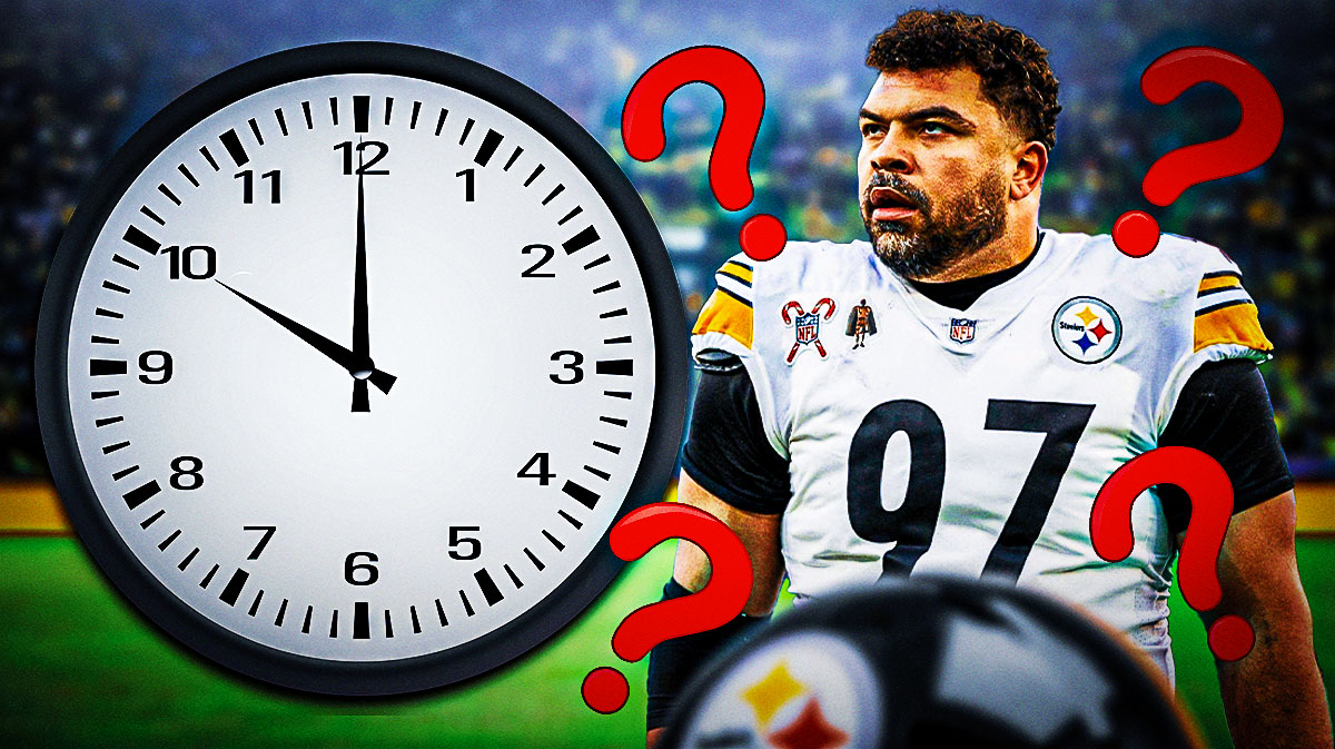 A clock next to Pittsburgh Steelers defensive lineman Cam Heyward and question marks around him.