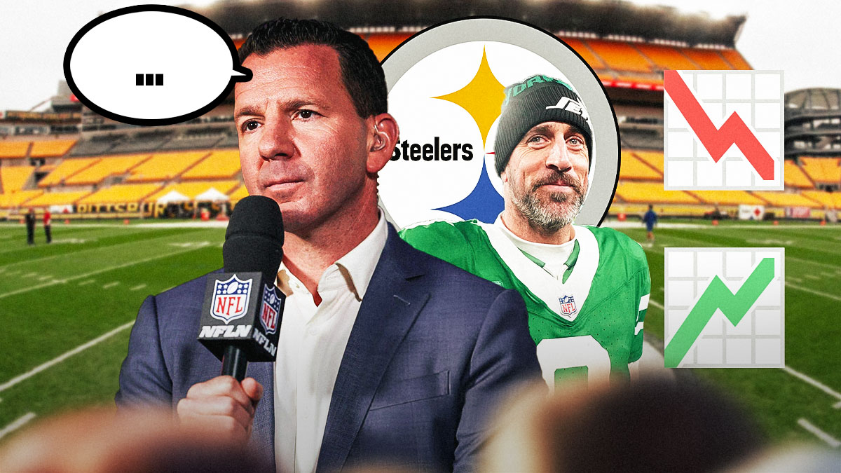 Steelers logo behind NFL Insider Ian Rapoport with an empty speech bubble above his head next to QB Aaron Rodgers who hasn't signed with the team in the offseason. Multiple 📈 and 📉 intermixed throughout background. Background is Acrisure Stadium.
