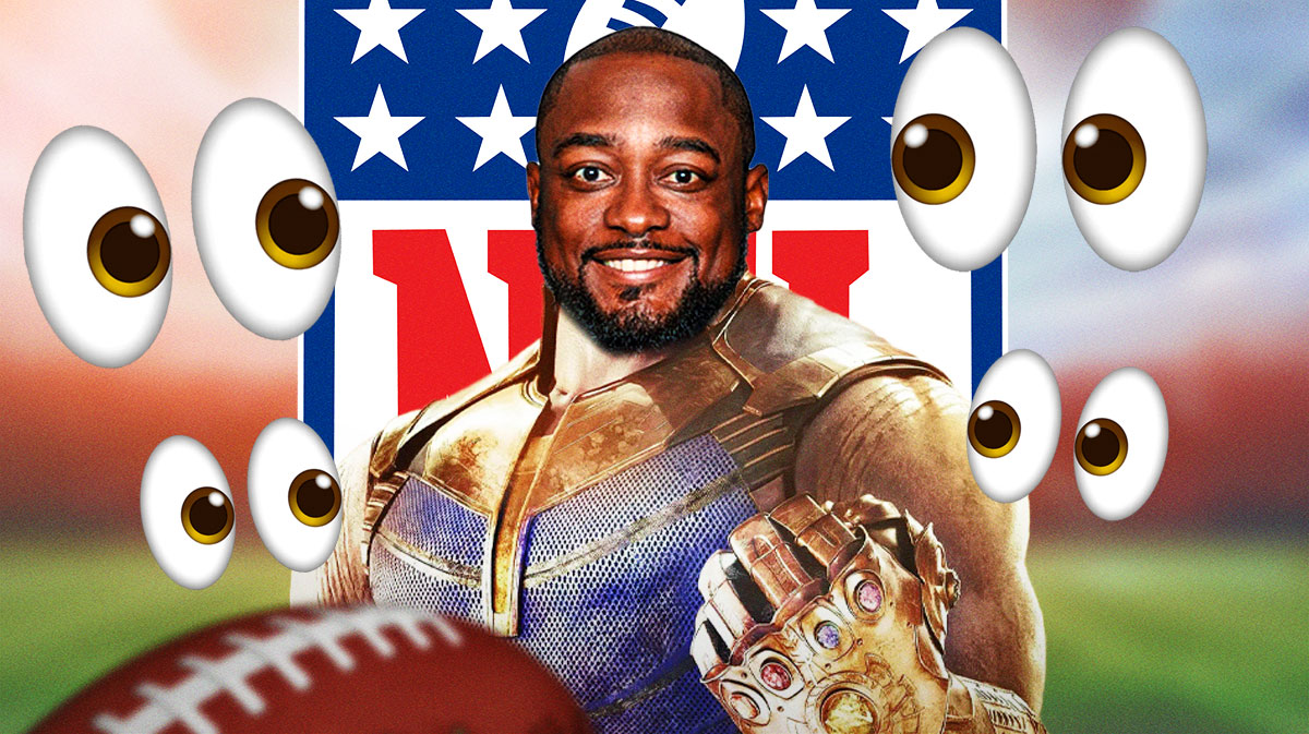 NFL logo behind Mike Tomlin's head on Thanos' body since the 18-game regular season is inevitable. Tomlin has a speech bubble above his head that says, "...". Multiple 👀 in background. Background is NFL field.