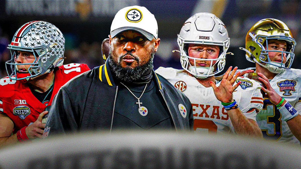 Pittsburgh Steelers head coach Mike Tomlin in the middle with Riley Leonard, Will Howard, and Quinn Ewers on either side in front of Acrisure Stadium.