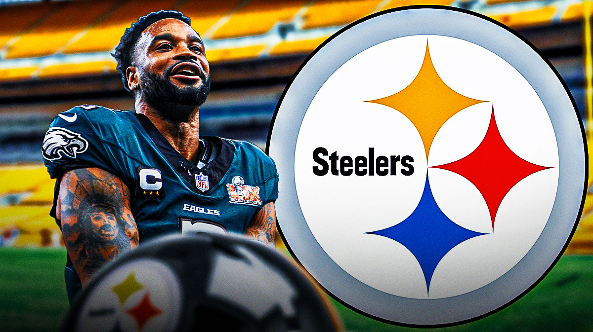 Steelers, Darius Slay, Eagles, Darius Slay Steelers, Larry Ogunjobi, Darius Slay with Steelers logo on graphic, Steelers stadium in the background