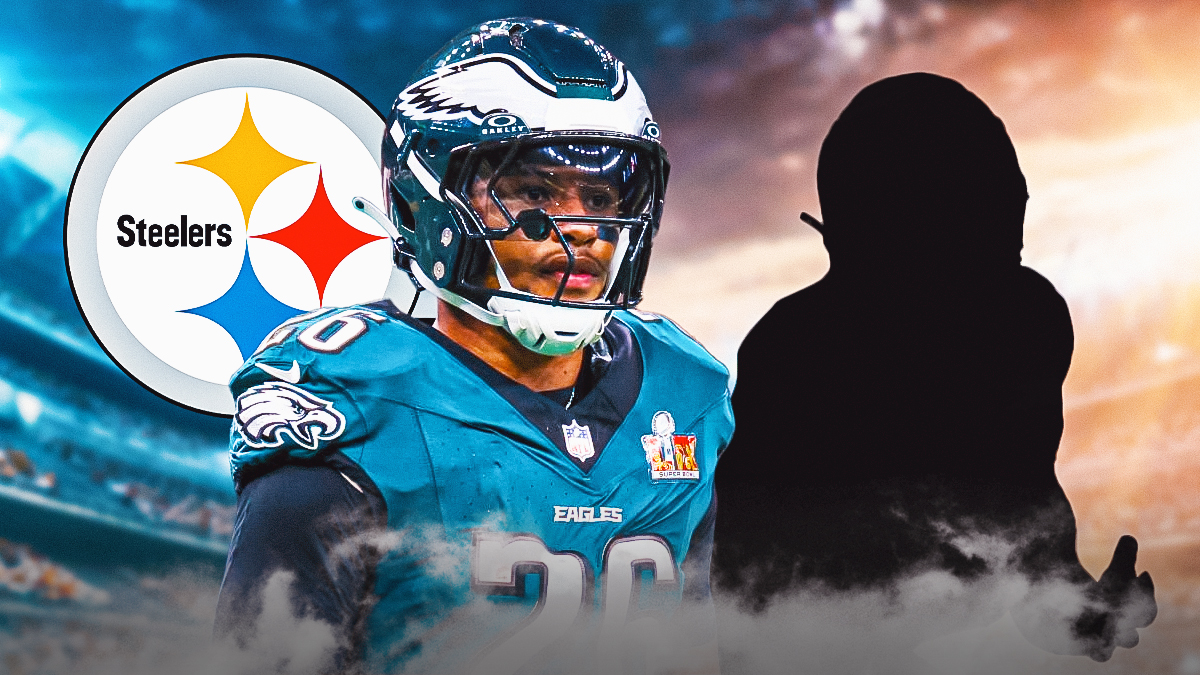 Steelers logo next to Saquon Barkley and mystery running back.