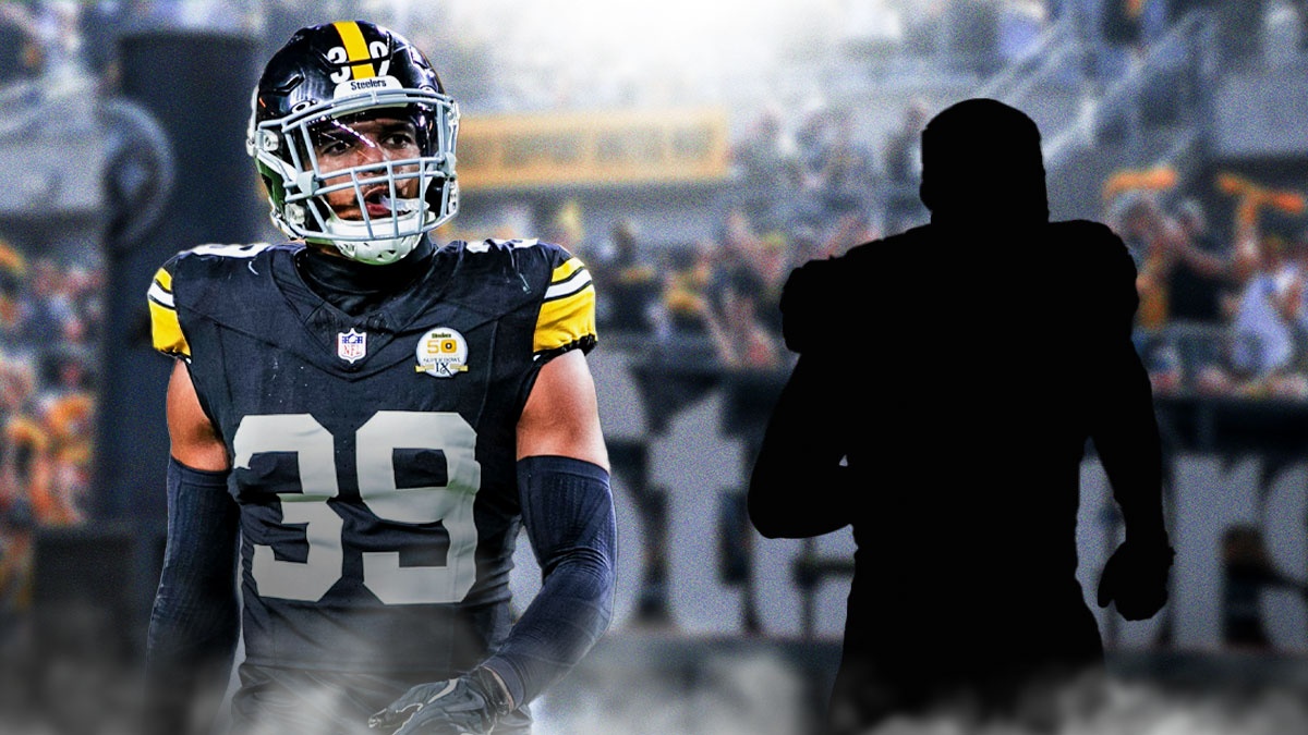 Minkah Fitzpatrick next to the blacked-out silhouette of Juan Thornhill in front of the Steelers stadium.