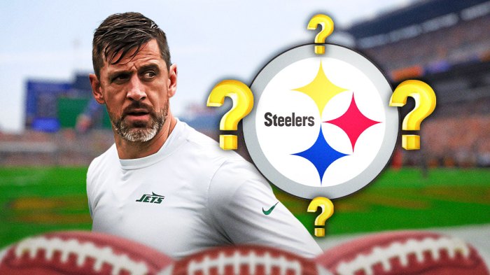 Aaron Rodgers with the Steelers logo next to him and question marks around the Steelers logo