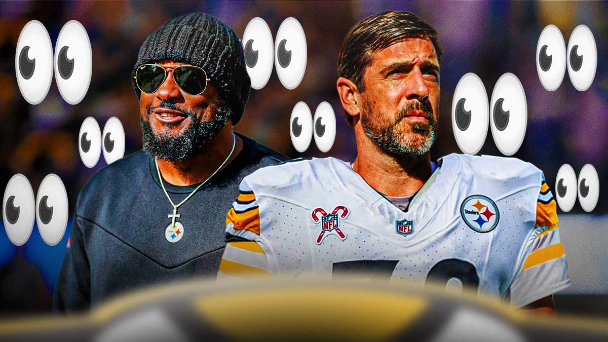 Aaron Rodgers in a Steelers uniform. Mike Tomlin. Eyeball emojis all around him