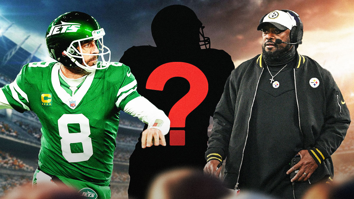 Quarterback Aaron Rodgers on left side, blank player silhouette with question marks in center, Pittsburgh Steelers head coach Mike Tomlin on right side, Acrisure Field (home stadium of the Pittsburgh Steelers) in background