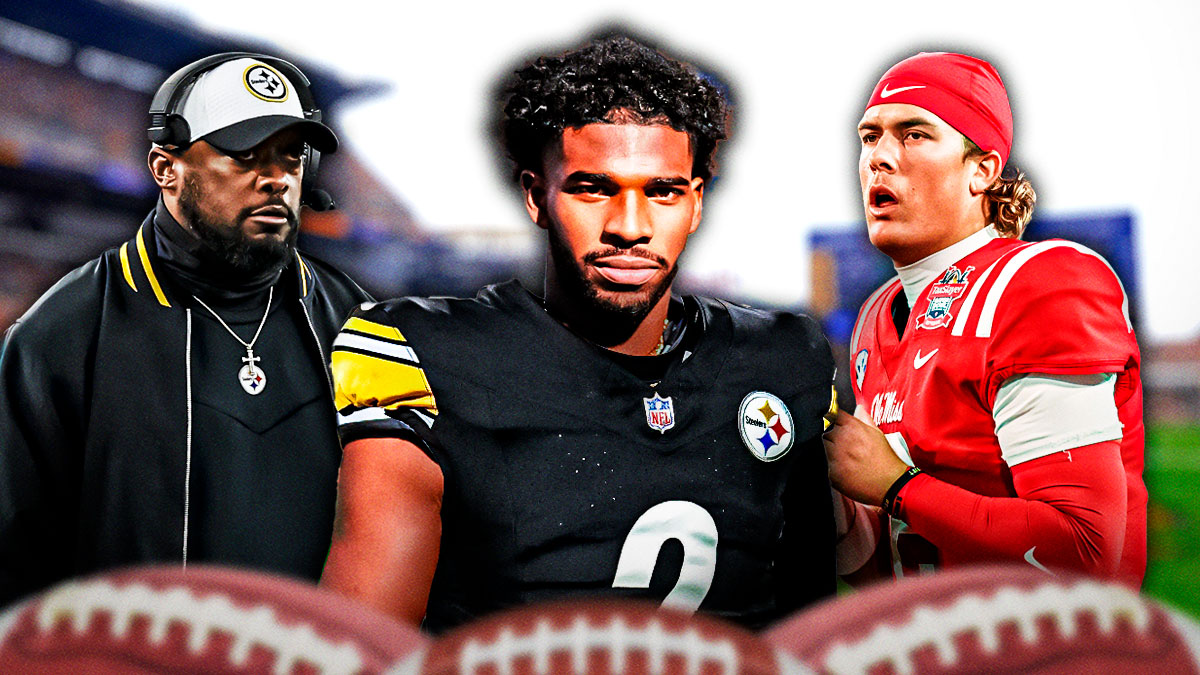 Shedeur Sanders in a Pittsburgh Steelers uniform in the middle with Mike Tomlin and Jaxson Dart on either side in front of Acrisure Stadium.