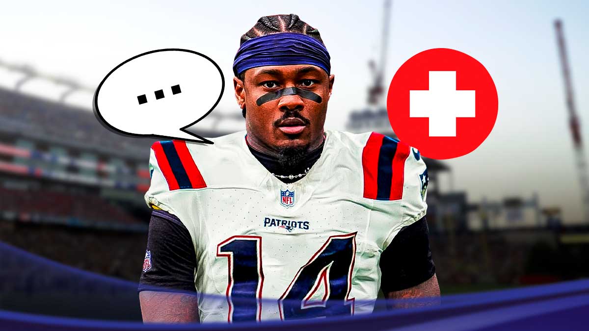 Patriots logo behind WR Stefon Diggs who has a speech bubble above his head saying, "...". Red medical cross in foreground. Background is Gillette Stadium.