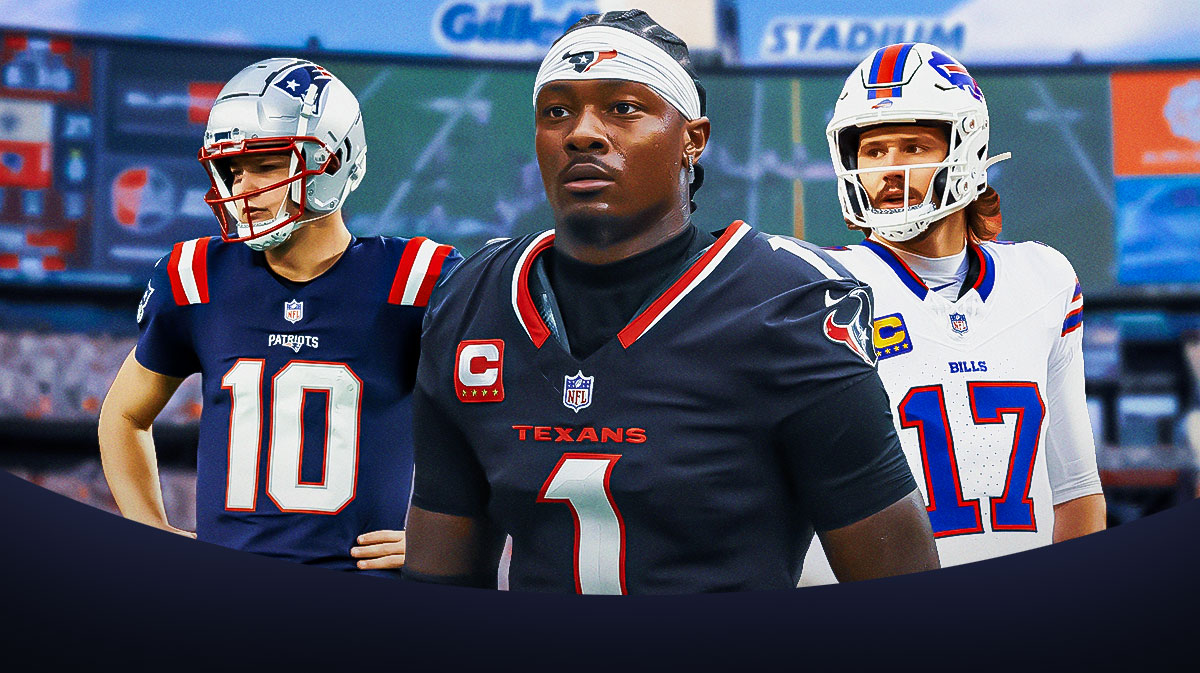 New England Patriots star Stefon Diggs in the middle with Drake Maye and Josh Allen on either side in front of Gillette Stadium.