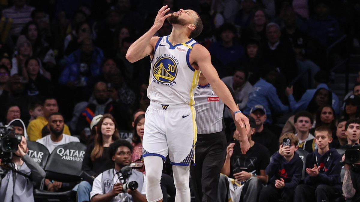 6. March 2025; Brooklyn, New York, USA; The golden state warriors preserve Stephen Curri (30) celebrates after scoring in the fourth quarter against Brooklyn networks in the center of Barclays. Mandatory credit: WENDELL CRUZ-IMMN PICTURES