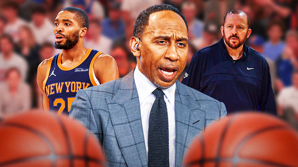 Stephen A. Smith in the middle with New York Knicks star Mikal Bridges and Tom Thibodeau on either side in front of Madison Square Garden.
