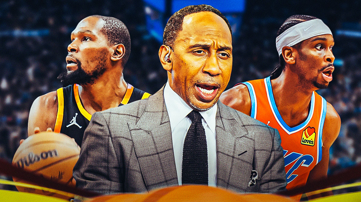 Stephen A. Smith in the middle with Kevin Durant and Oklahoma City Thunder star Shai Gilhgeous-Alexander on either side.