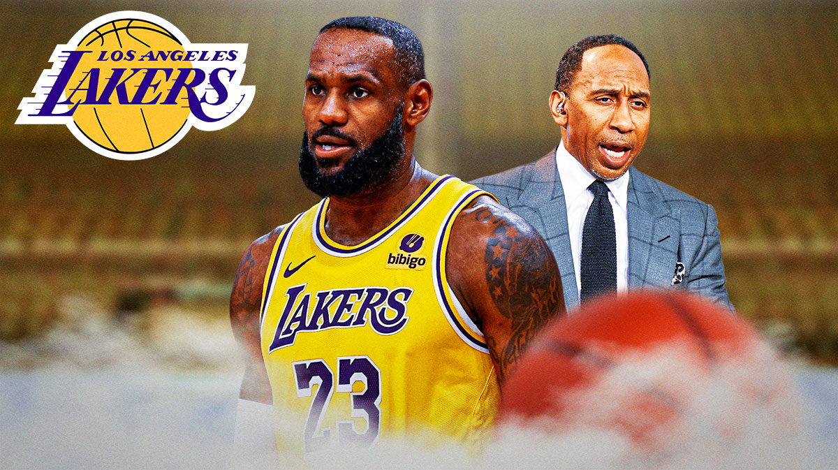 Lakers All-Star LeBron James next to ESPN's Stephen A Smith with the Lakers logo in the background