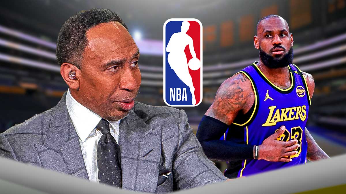 Lakers superstar LeBron James next to ESPN's Stephen A Smith with the NBA logo in the background