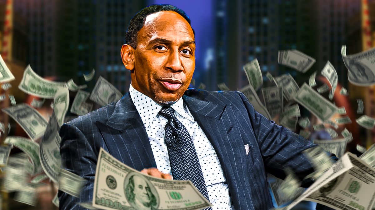 Stephen A Smith with money bags all around him.