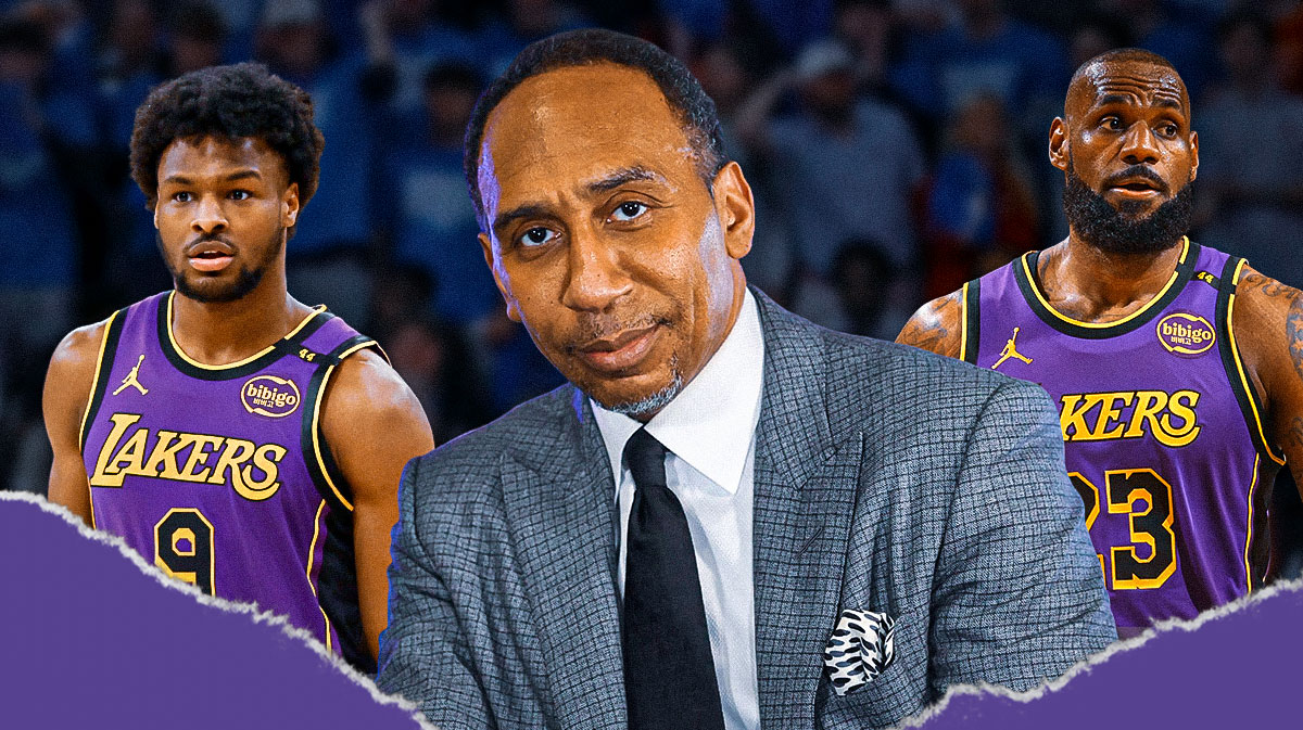 Stephen A. Smith looking angry, with Lakers' LeBron James and Bronny James beside him, smiling