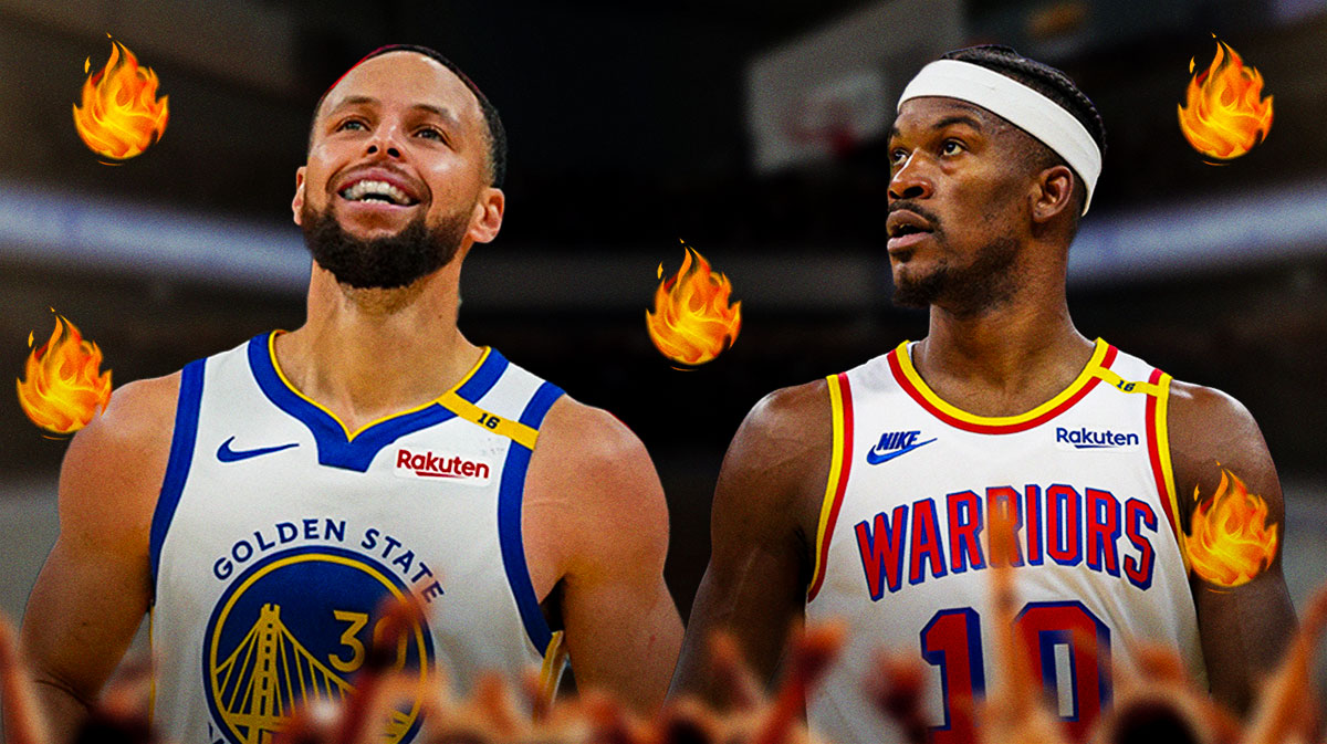 Stephen Curry and Jimmy Butler with fire around the picture