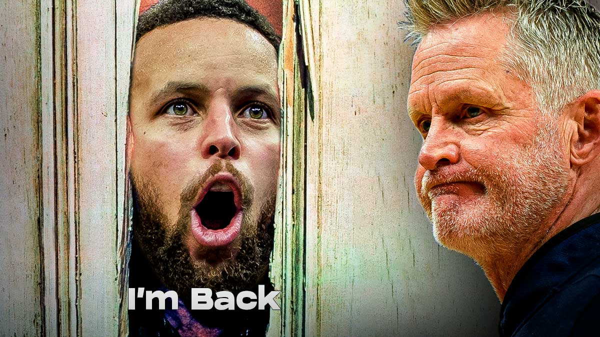 Stephen Curry's face in the "I'm Back" meme from The Shining, with Steve Kerr smiling on the side.