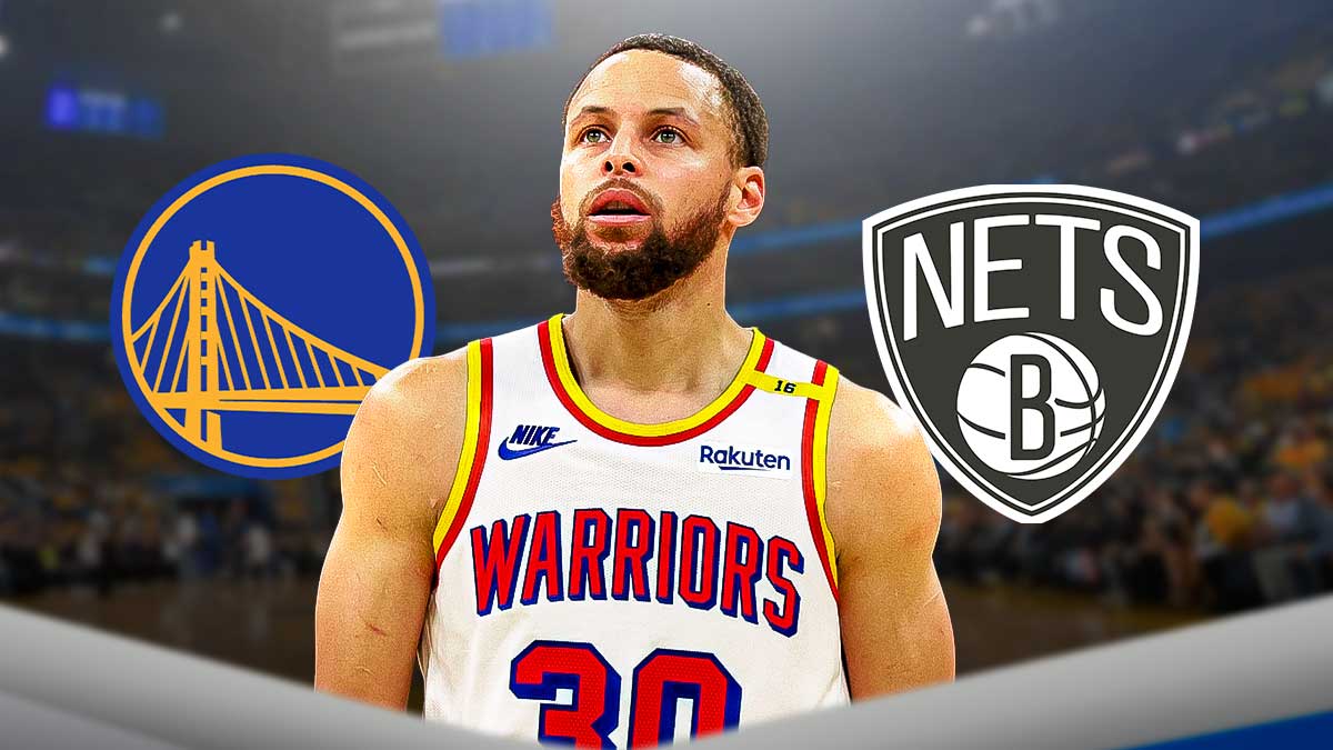Warriors superstar Stephen Curry next to the Warriors and Nets logos with the Barclay Center in the background