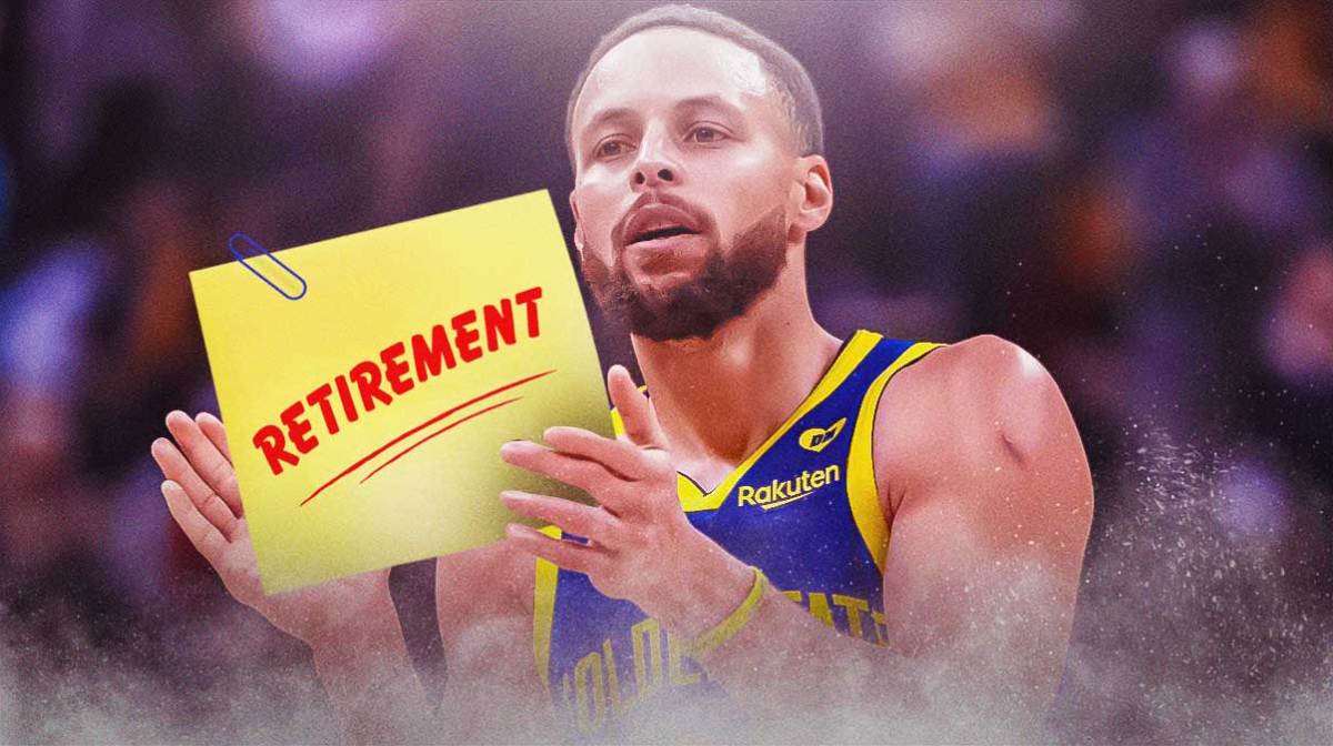 Stephen Curry holding a retirement sign in his arms like a baby