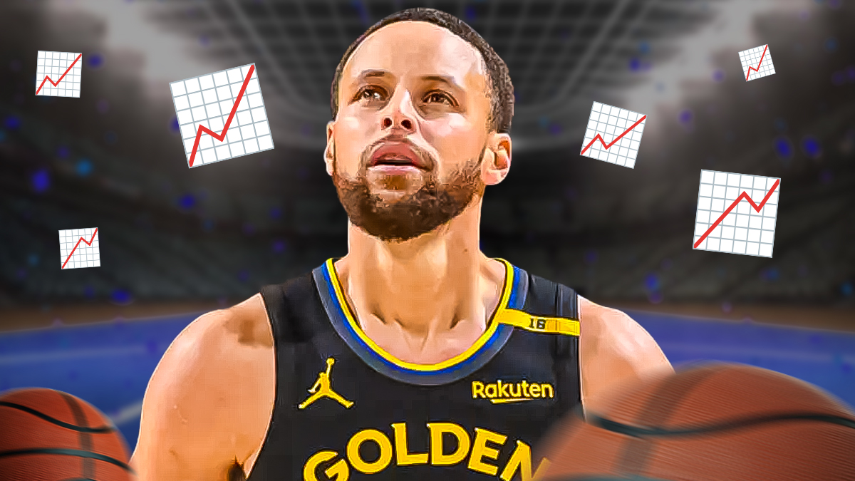 Stephen Curry in a Warriors jersey with a trending upward emoji next to him.