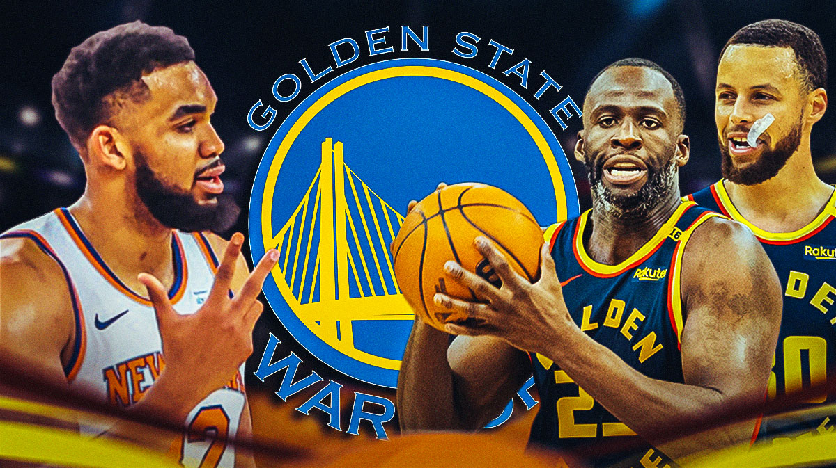 Stephen Curry and Draymond Green next to Warriors logo and Karl-Anthony Towns