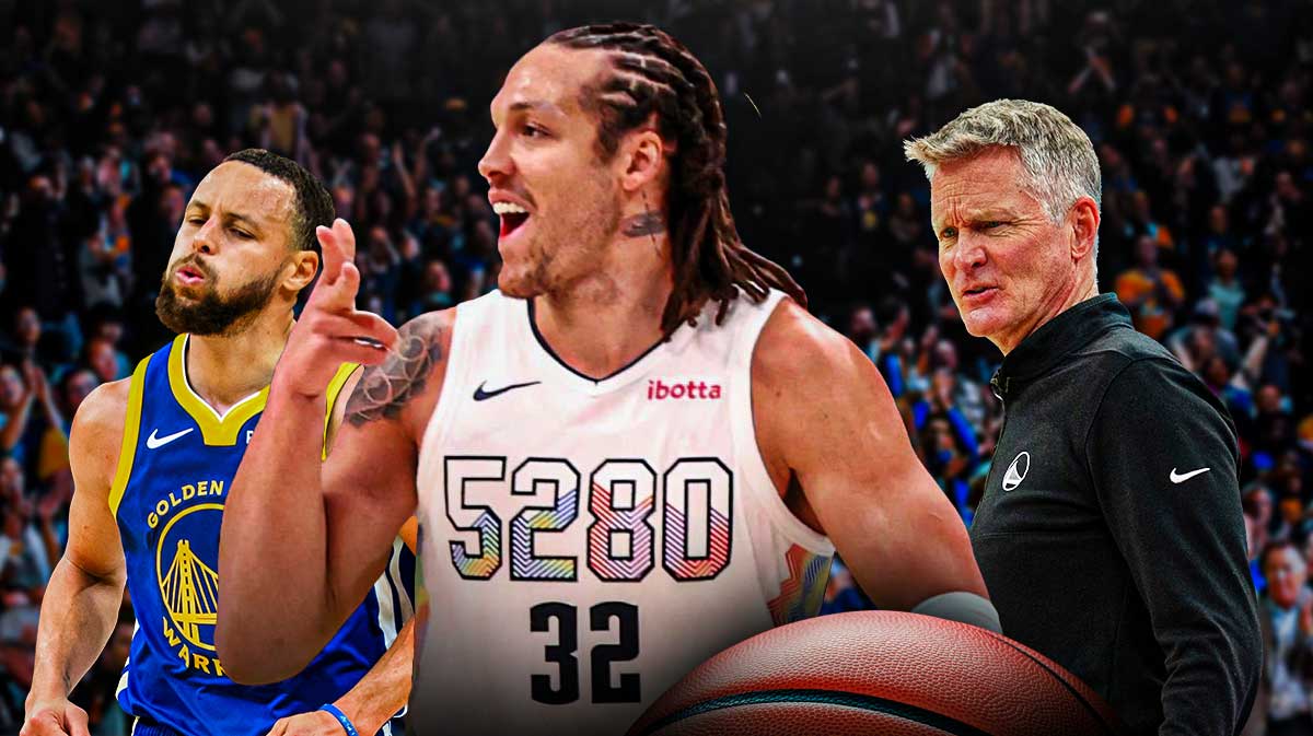 An energized Aaron Gordon of the Nuggets standing over an exhausted Stephen Curry and angry Steve Kerr of the Warriors