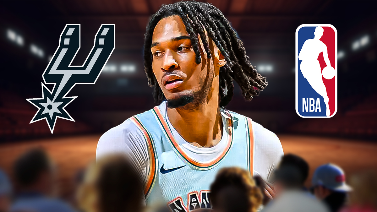 Stephon Castle looking determined image, Spurs logo, NBA logo