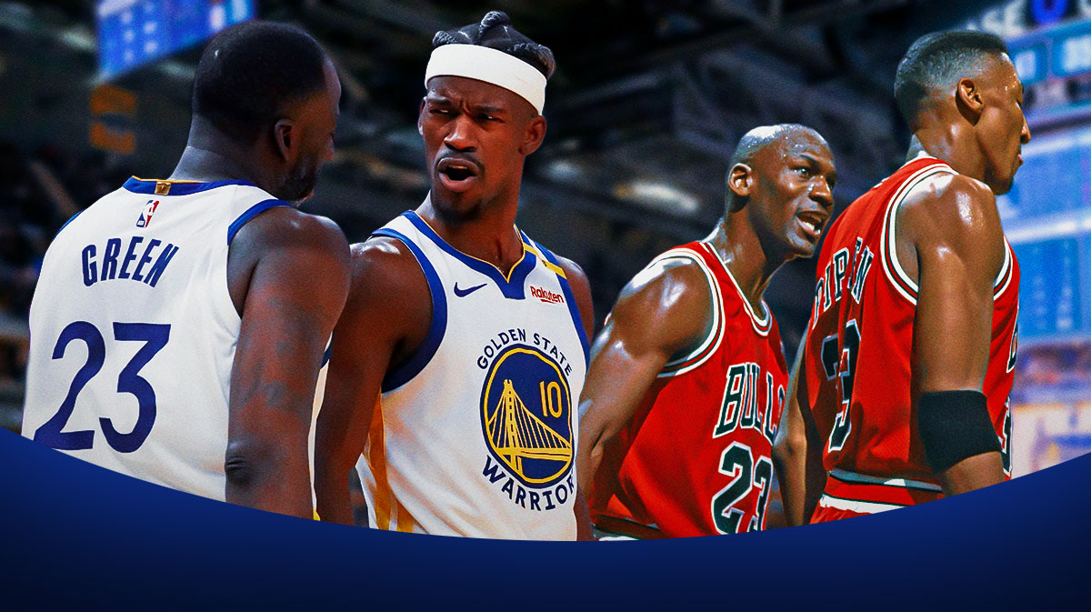 Golden State Warriors stars Jimmy Butler and Draymond Green on one side and Michael Jordan and Scottie Pippen on the other in front of Chase Center.