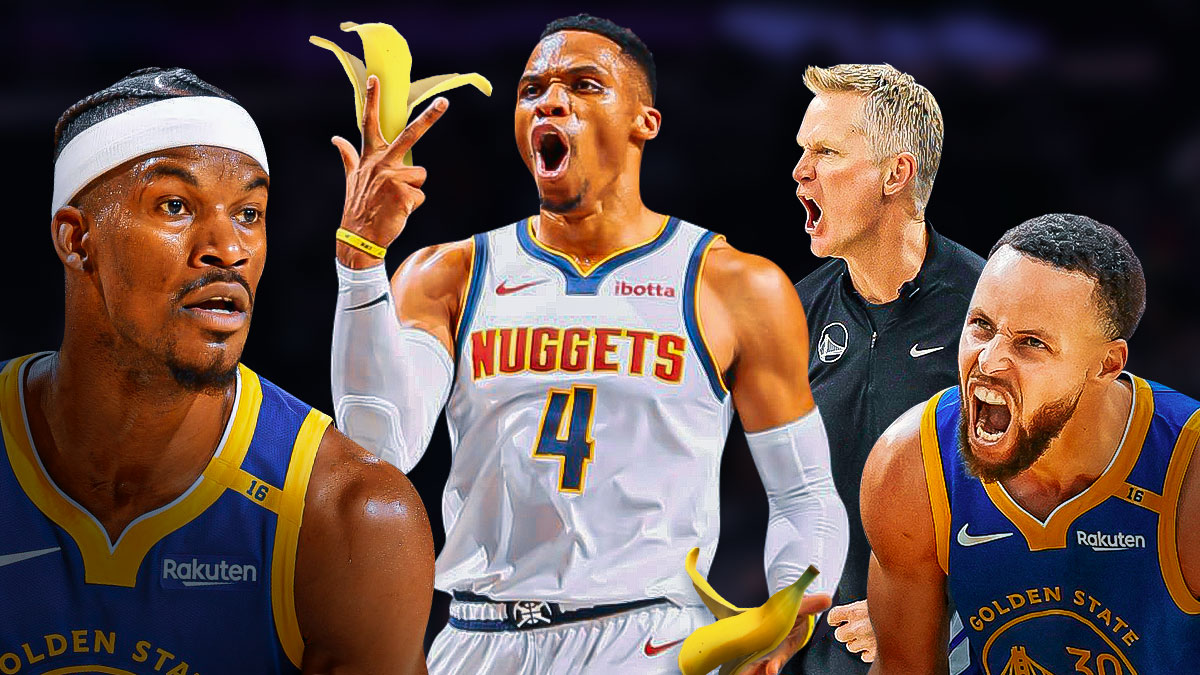 Nuggets' Russell Westbrook holding a banana peel, with Warriors' Stephen Curry, Steve Kerr, and Jimmy Butler looking angry