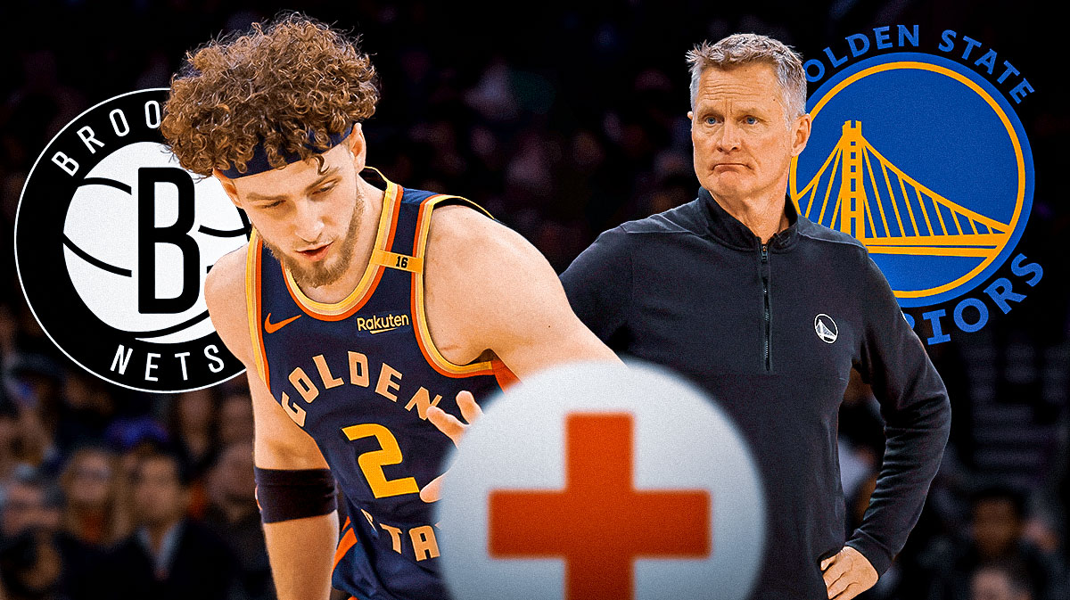 Steve Kerr, Brandin Podziemski, Golden State Warriors and Brooklyn Nets logo, injury symbols