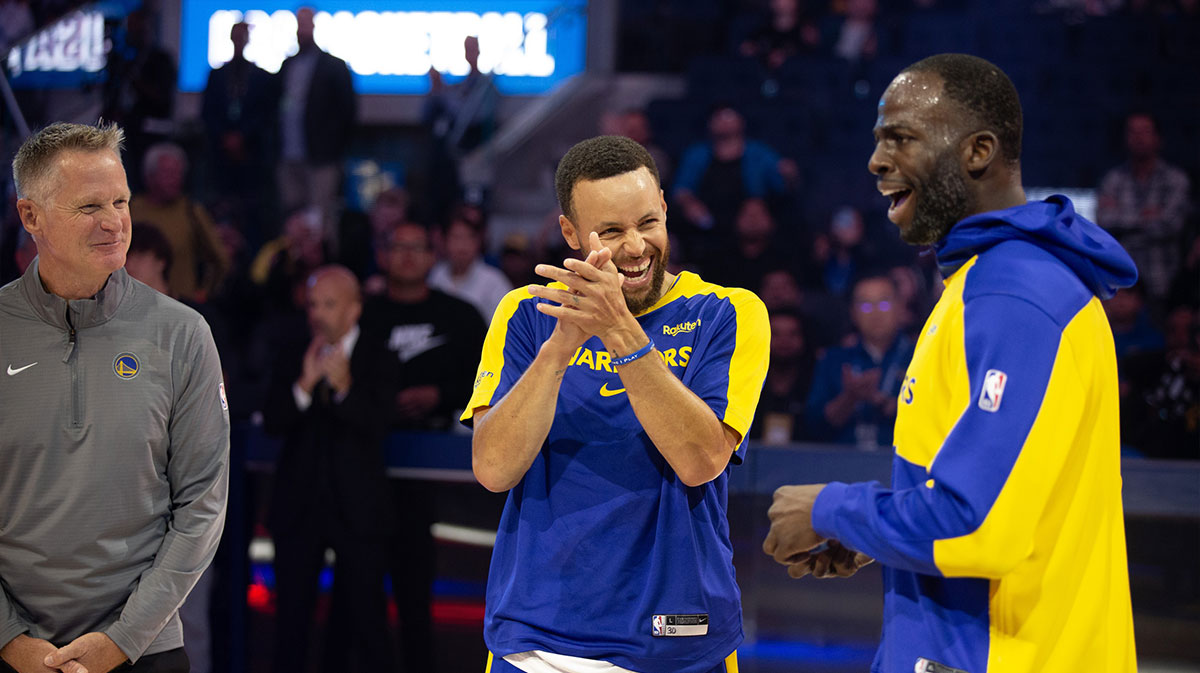 Golden State Warriors head coach Steve Kerr, from left, guard Stephen Curry and forward Draymond Green share a laugh before taking on the Sacramento Kings at Chase Center.