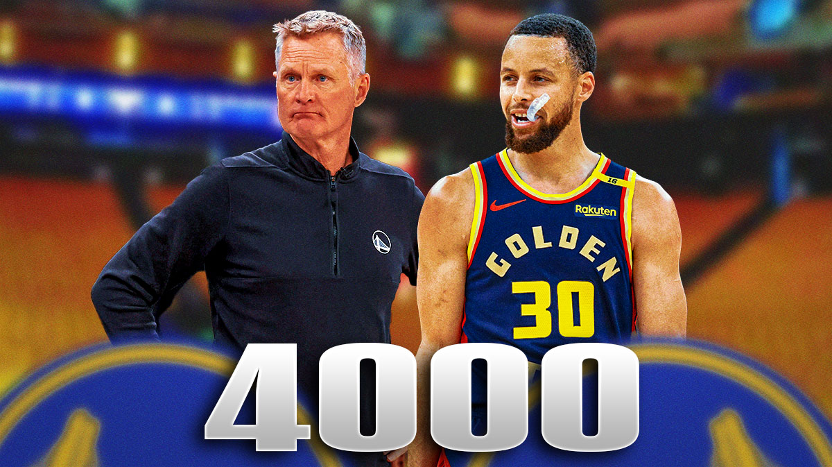 Warriors head coach Steve Kerr next to Warriors All-Star Stephen Curry with 4000 and Oracle Arena in the background