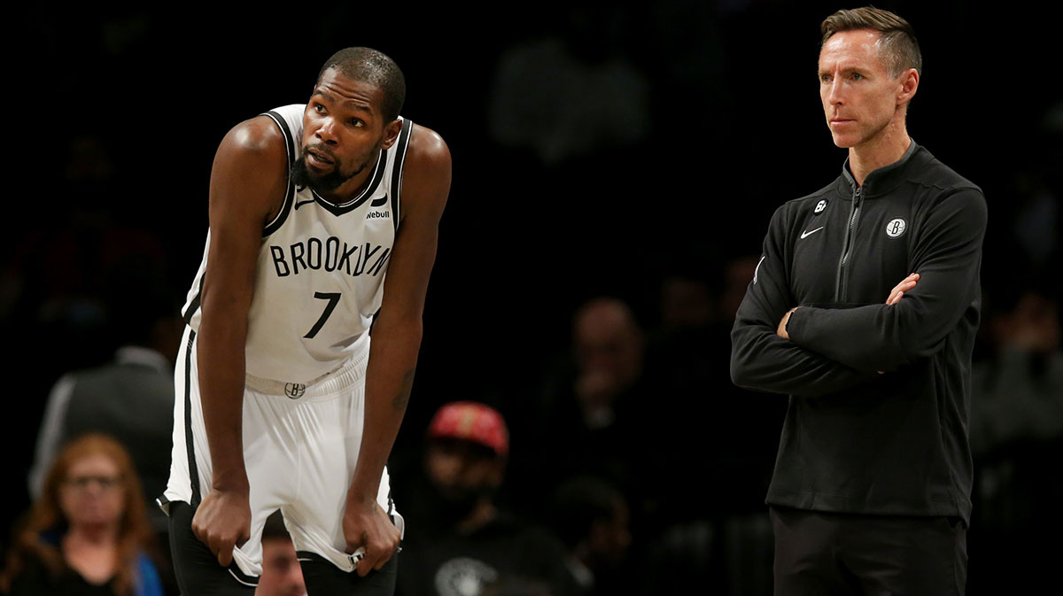 Brooklyn Nets forward Kevin Durant (7) and head coach Steve Nash react during the third quarter against the Miami Heat at Barclays Center.