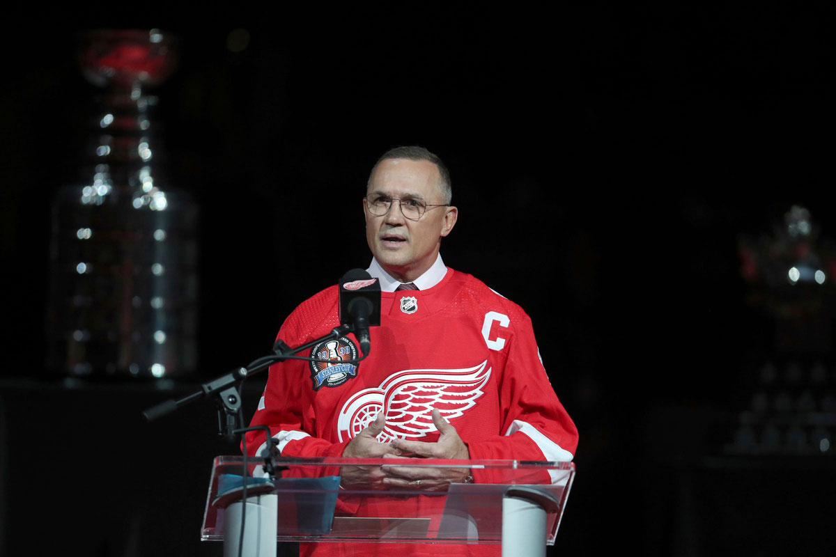 Steve Yzerman talks to fans about the 1997-98 Stanley Cup run during a ceremony honoring that championship run Saturday, Nov. 5, 2022 at Little Caesars Arena.