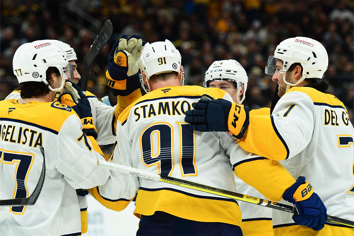 Nashville Predators center Steven Stamkos (91) is congratulated after scoring a goal during the second period against the Nashville Predators at TD Garden.