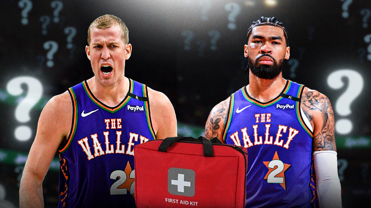Mason Plumlee and Nick Richards both in Suns jerseys with question marks and first aid kits around them.