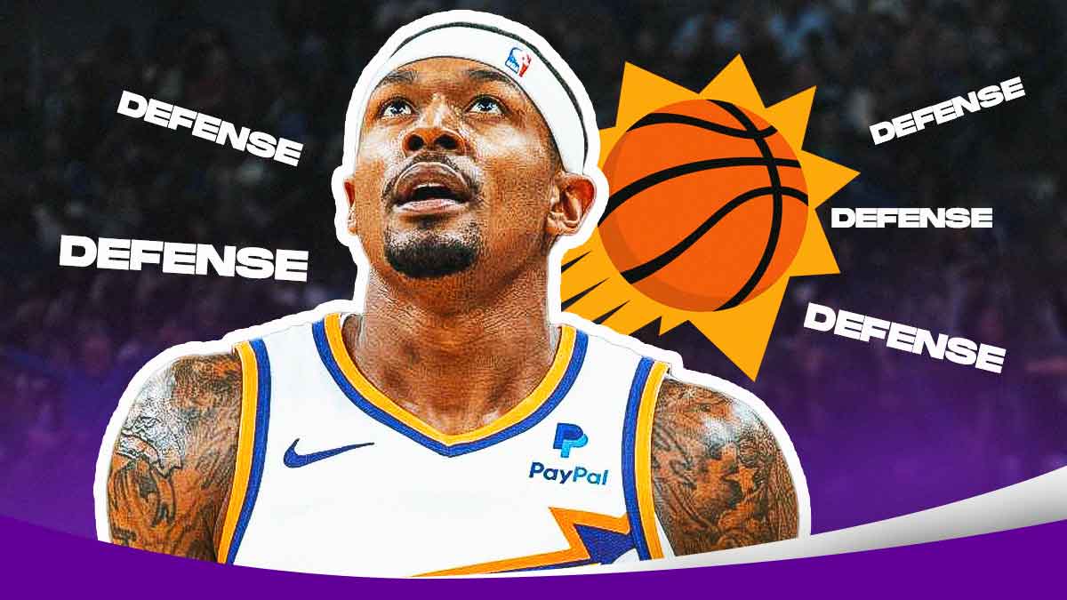 Bradley Beal looking defeated, with the Suns logo behind him, and the words "defense" scattered around the screen.