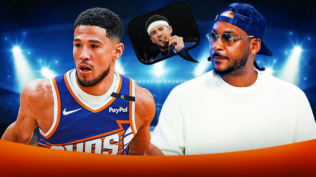 Carmelo Anthony with a thought bubble of Devin Booker with a Team USA Gold Medal, and Devin Booker in a Suns jersey next to Anthony.