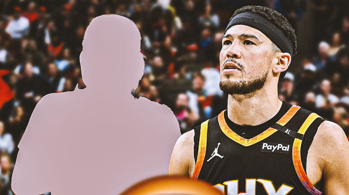 Devin Booker in a Suns jersey, looking upset and mad, while looking at silhouettes of NBA officials, and a background of the Grizzlies home arena.